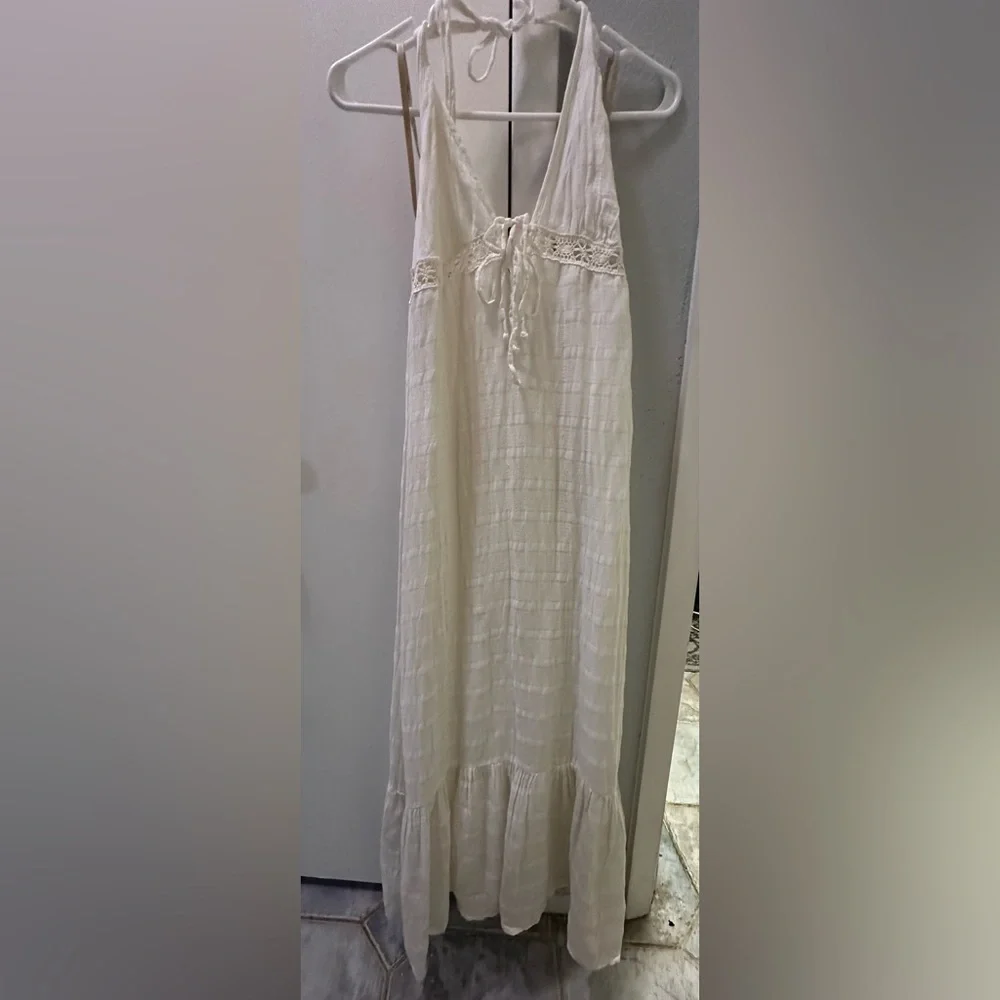 Ella Moss Long White Linen Maxi Halter Summer Dress Lace Detail Size 4 - Picture 6 of 11
